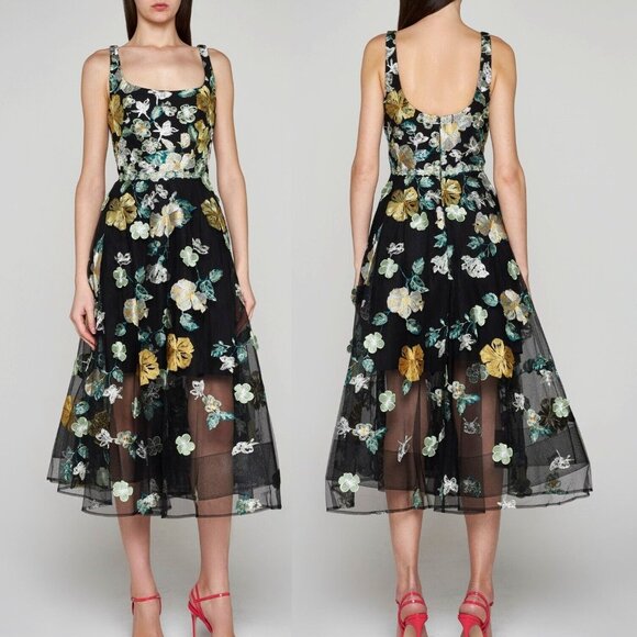 Evening Gown Marchesa Notte Embroidered Floral Dress Rickie Freeman For Teri Jon Floral-Embroidered Tulle Midi Evening Gown Marchesa Notte Embroidered Floral Dress Rickie Freeman For Teri Jon Floral-Embroidered Tulle Midi